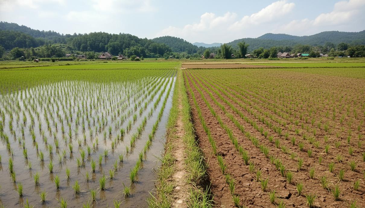 Разделенное рисовое поле с зелеными побегами. Один участок залит водой, на другом подсохшая почва. Дневное освещение.