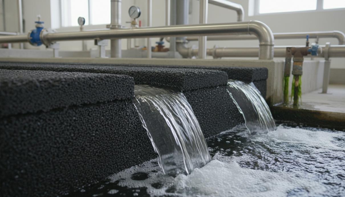 Промышленная система фильтрации воды на очистном сооружении с металлическими трубами и темными пористыми мембранами.