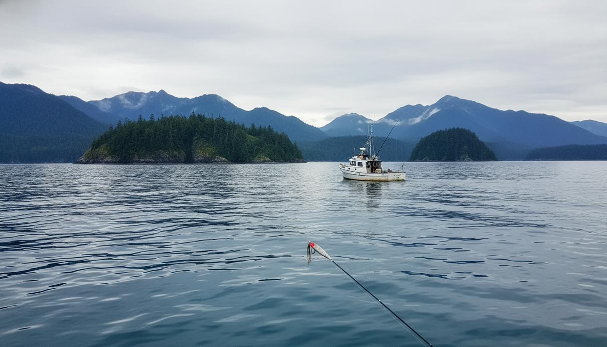 Морской пейзаж Аляски с синими волнами, лесистыми горами на заднем плане и рыболовной снастью, погруженной в воду.