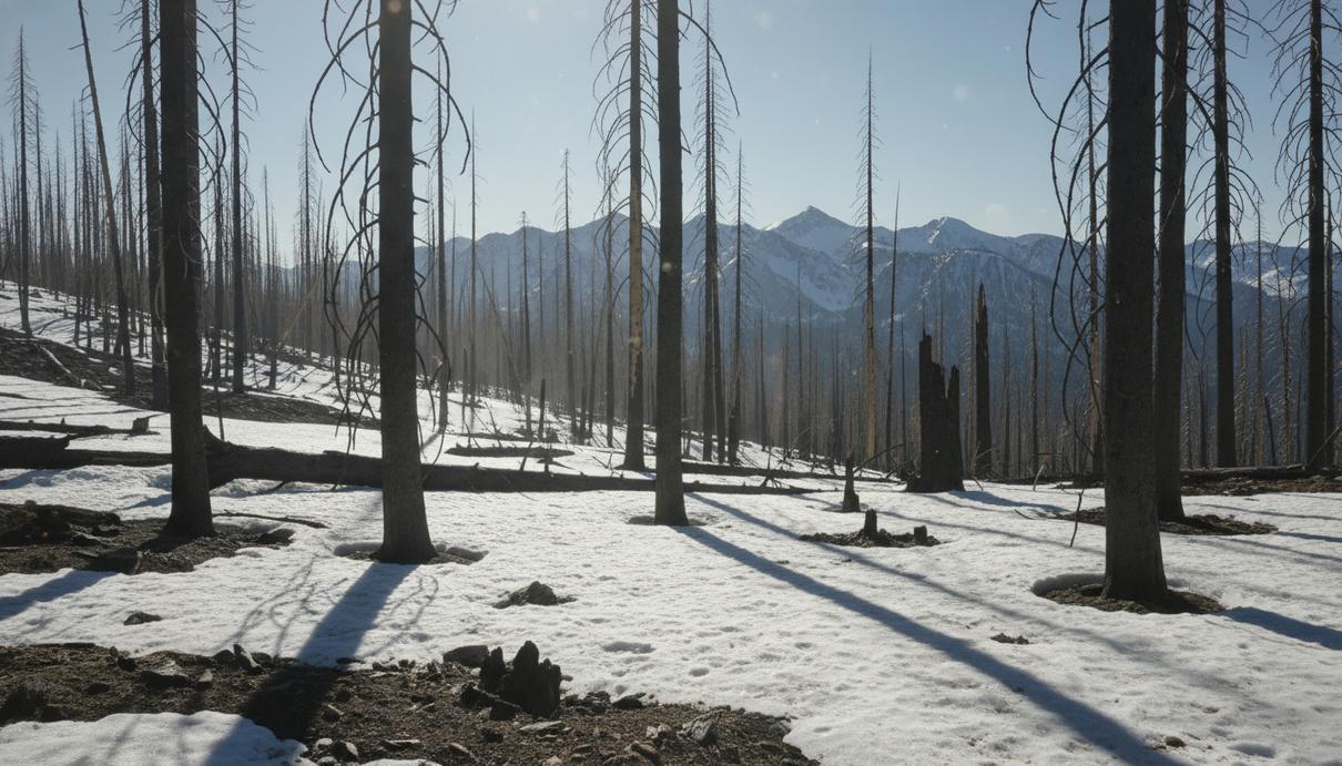 Обгоревшие стволы деревьев в горном лесу зимой. На тающем белом снегу лежат темные куски коры, пепел и ветки.