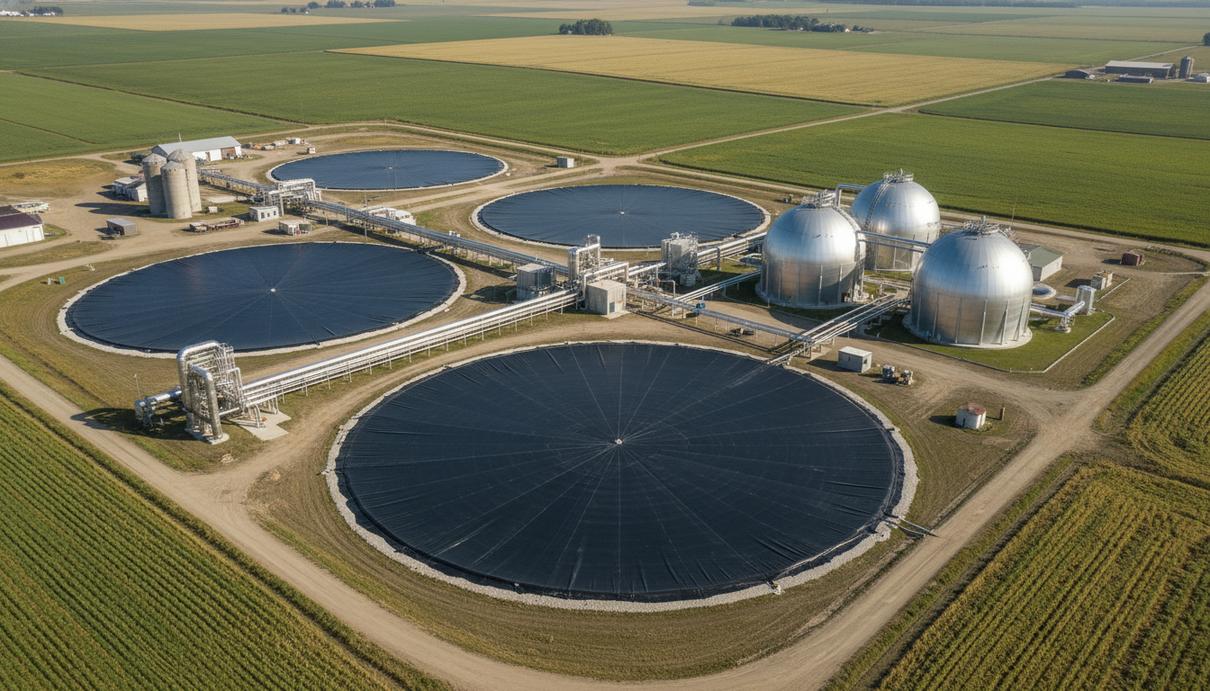 Промышленная биогазовая установка на ферме: изолированные резервуары, металлические трубы и газовые цистерны.