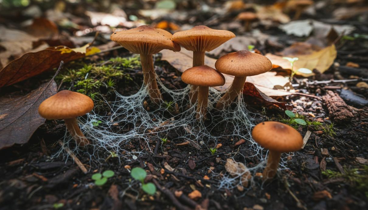 Скрытая сеть: как грибы обмениваются электрическими сигналами Дикие лесные грибы на темной почве, соединенные разветвленными белыми нитями мицелия среди опавших листьев.