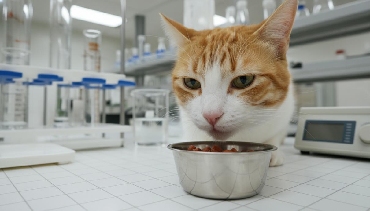 Пищевое поведение кошек: обоняние признали главным регулятором аппетита Домашняя кошка обнюхивает небольшую миску с кормом в светлом помещении с лабораторным оборудованием на заднем плане.