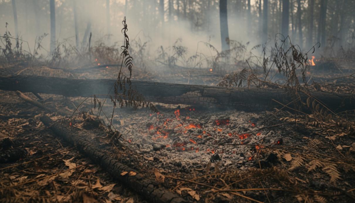 Глобальное потепление: природные пожары угрожают тысячам видов флоры и фауны Тлеющая сухая трава и обгоревшие участки почвы в лесу на фоне поднимающегося дыма от природного пожара.