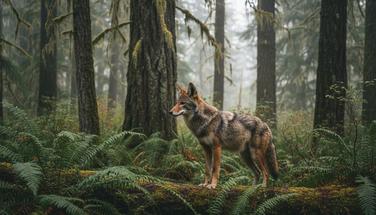 Экспансия паразита: койоты занесли опасного ленточного червя на запад США Дикий койот стоит среди густых зеленых папоротников и деревьев во влажном хвойном лесу.