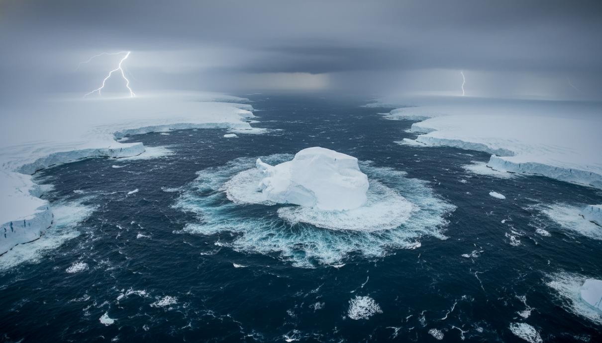 Ученые раскрыли механизм формирования Антарктического циркумполярного течения Бурные темно-синие воды океана омывают массивные белые ледники Антарктиды под пасмурным небом, вид сверху.