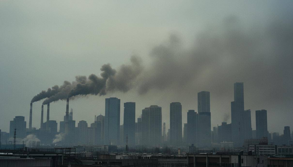 Густой фабричный дым и смог над современным городом. Вдалеке виднеются трубы предприятий и силуэты высотных зданий.