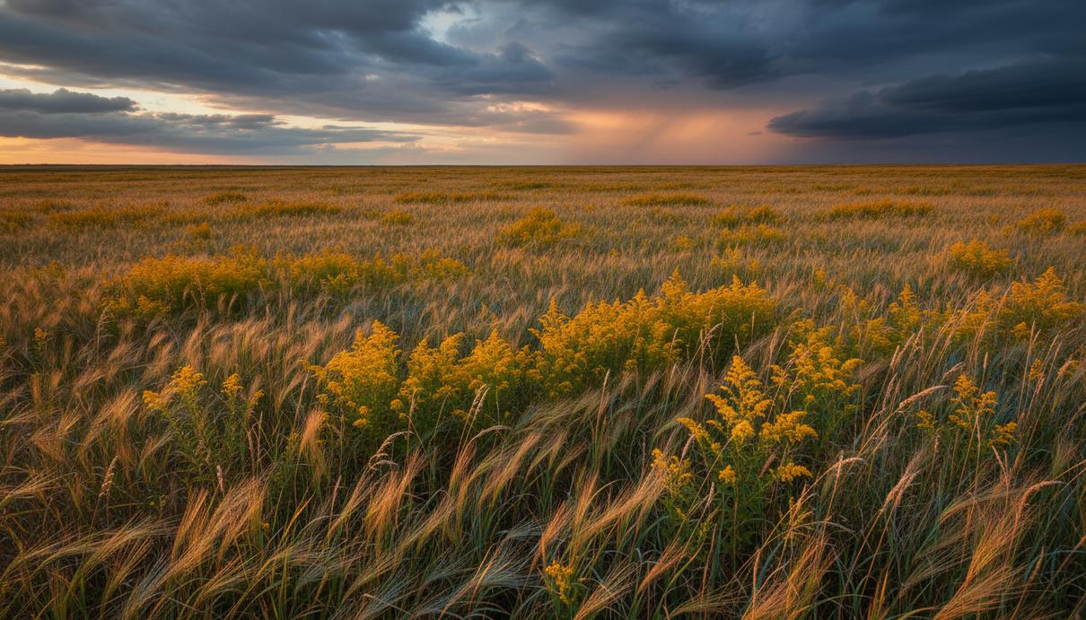 Густая высокая трава и желтые полевые цветы в прерии под пасмурным небом, качающиеся от сильного ветра.