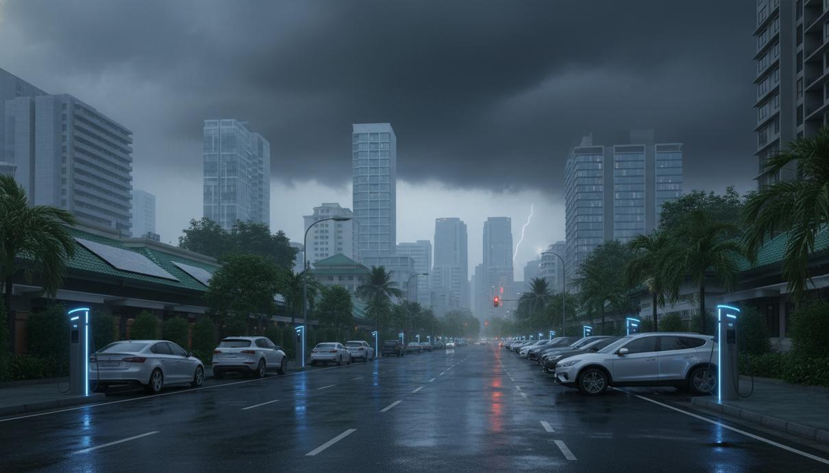 Припаркованные электромобили у зарядных станций на улице современного мегаполиса во время грозы под темными тучами.
