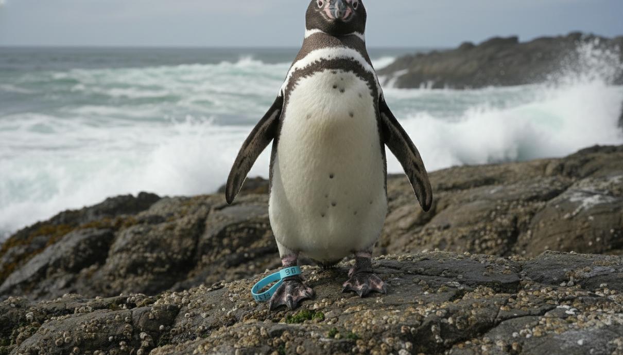 Магелланов пингвин с силиконовым кольцом на лапе стоит на каменистом берегу на фоне океанских волн.