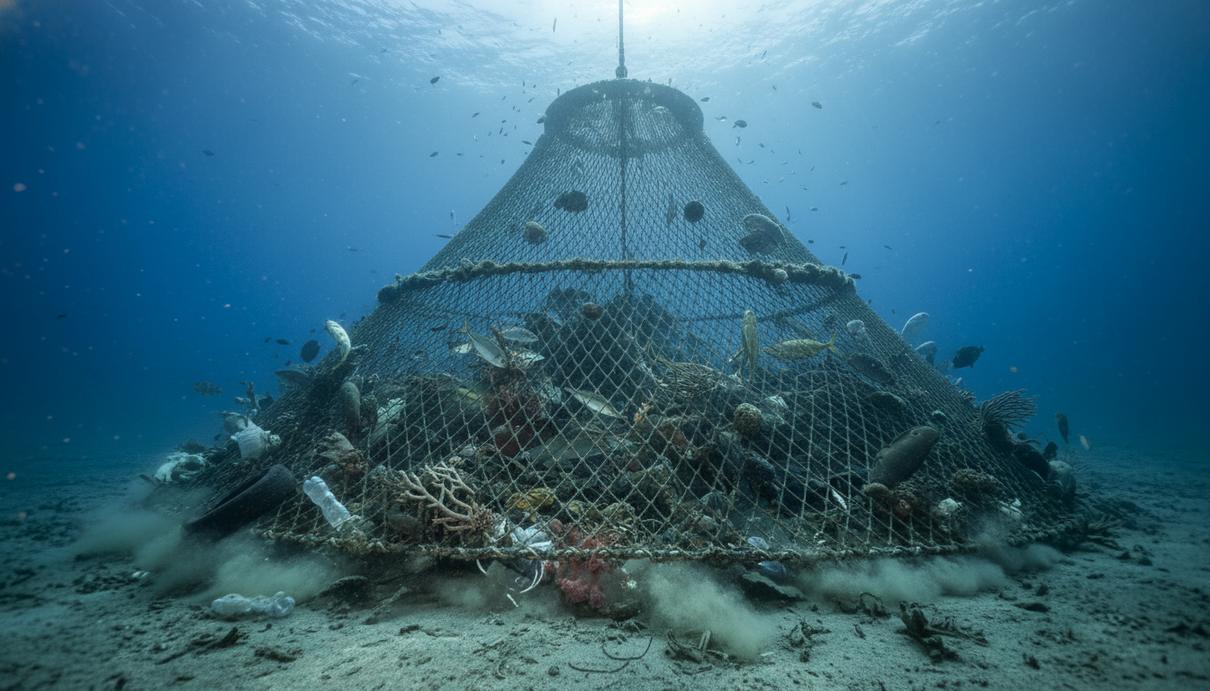Ущерб от донного траления: ученые оценили масштабы прилова рыб Массивная рыболовная сеть на песчаном морском дне захватывает различные виды рыб и элементы подводного рельефа.