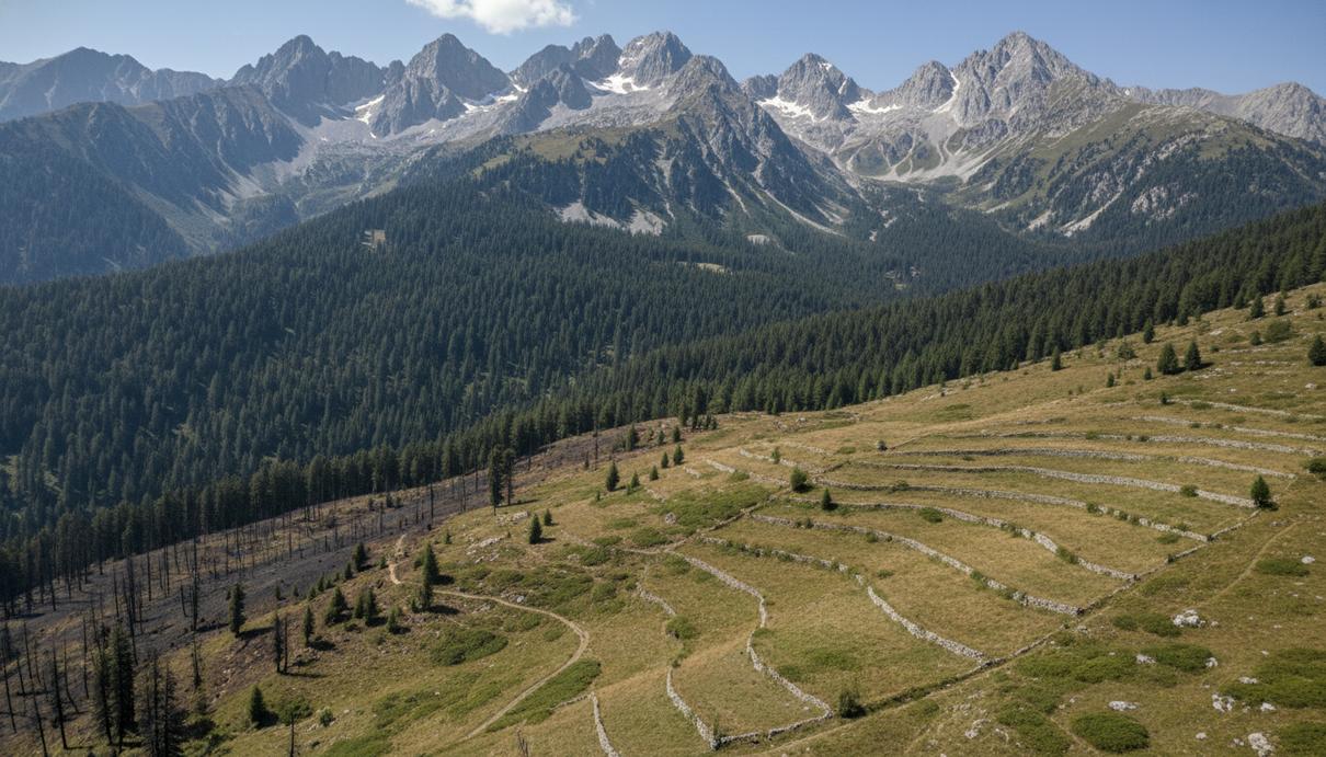 Горный ландшафт с четкой границей хвойного леса, переходящего в скалистую местность и заброшенные альпийские луга.