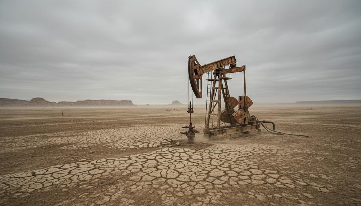 Неработающие скважины: выбросы метана оказались в тысячу раз выше оценок Ржавая труба заброшенной нефтяной скважины на фоне сухой потрескавшейся земли и серого пасмурного неба.