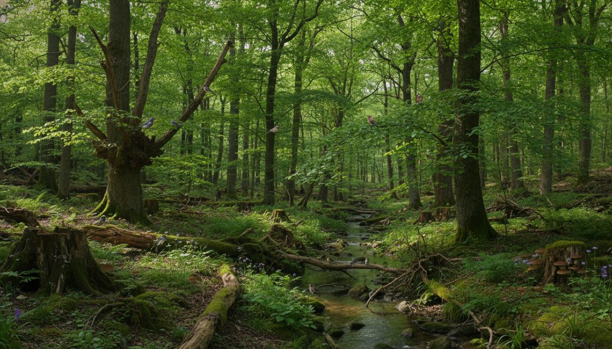 Звуки знакомого леса: как локальное биоразнообразие снижает уровень стресса Густой европейский лес в солнечный день с высокими зелеными деревьями и маленькими птицами на ветвях.