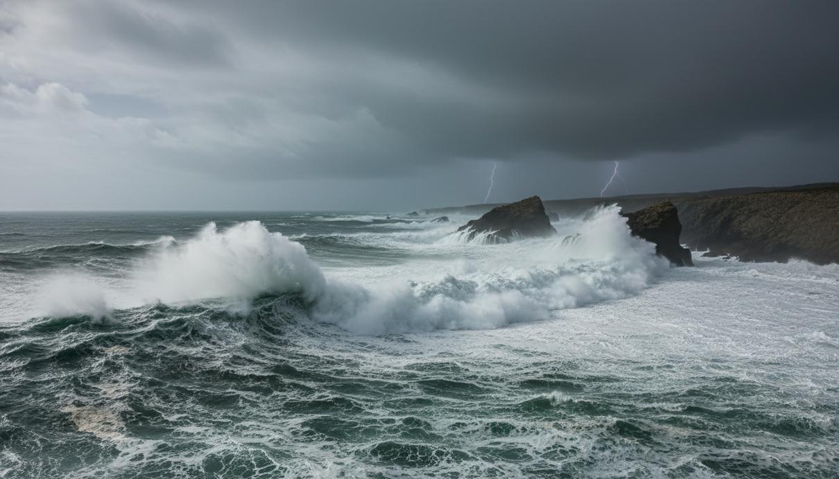Изменение атлантических течений: штормы вместо резкого похолодания Темные штормовые волны Атлантического океана разбиваются о скалистый берег под тяжелыми серыми облаками.