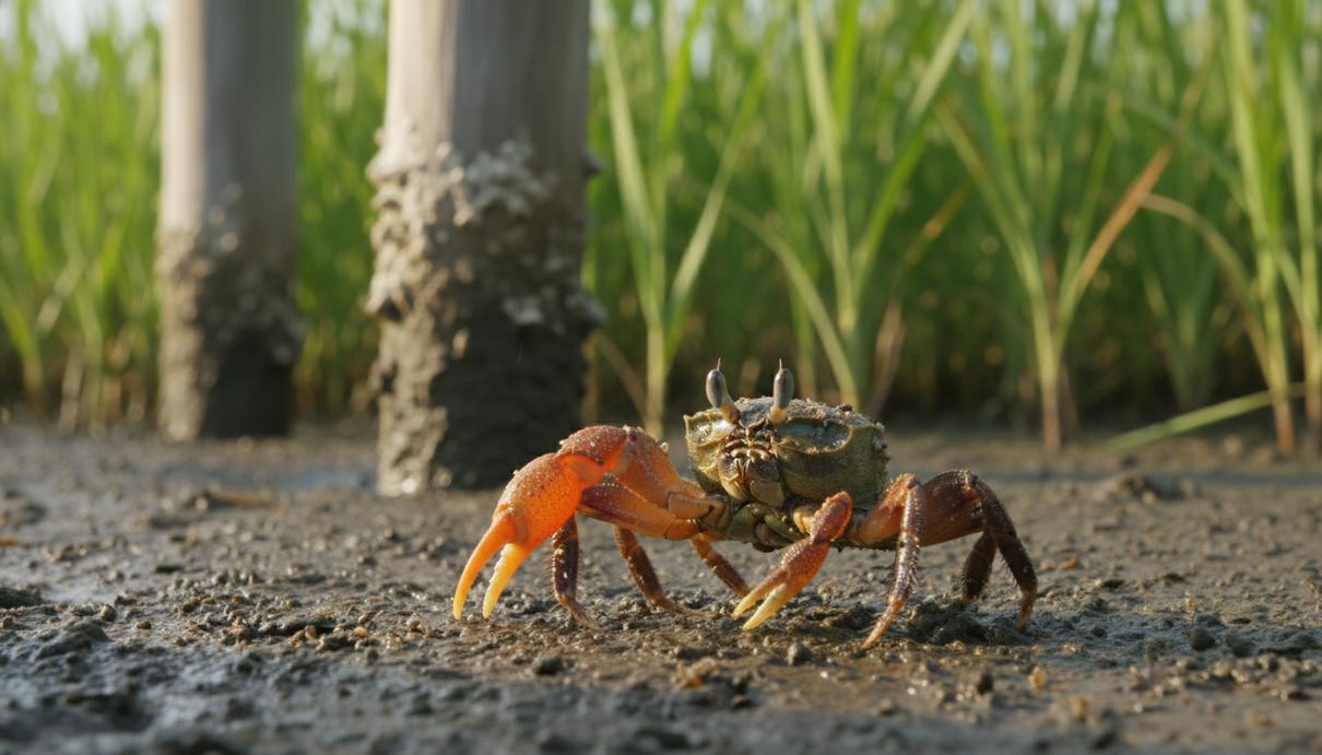Манящий краб с большой клешней на илистом берегу солончака. Позади растут высокие травы и стоят деревянные сваи пирса.