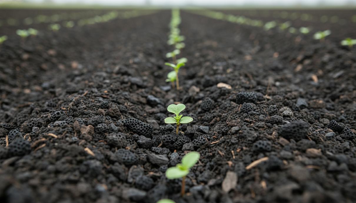 Крупный план плодородной сельскохозяйственной почвы с вкраплениями черного биоугля и молодыми зелеными ростками.