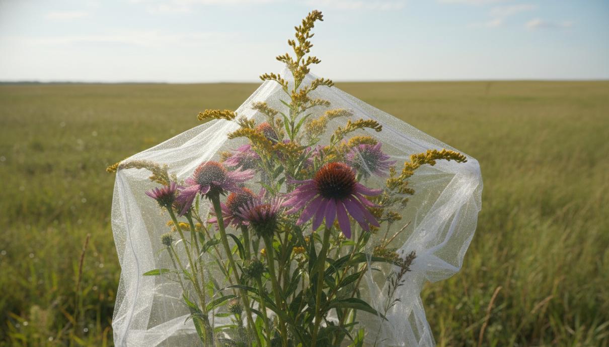 Исследование: дефицит опылителей сокращает видовое разнообразие флоры Полевые цветы в прерии, накрытые полупрозрачным тканевым мешочком для защиты от насекомых на фоне высокой травы.