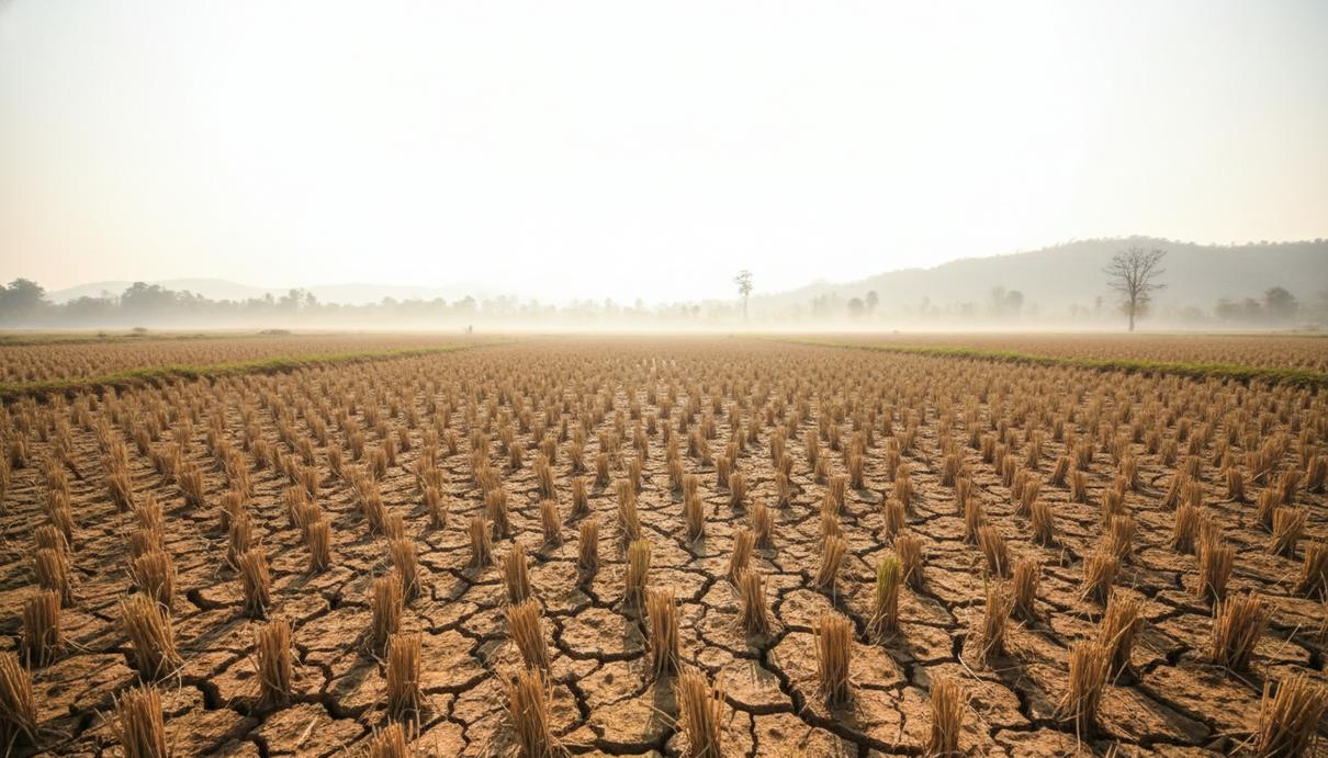 Пересохшее рисовое поле с растрескавшейся землей и увядающими растениями под лучами палящего солнца.