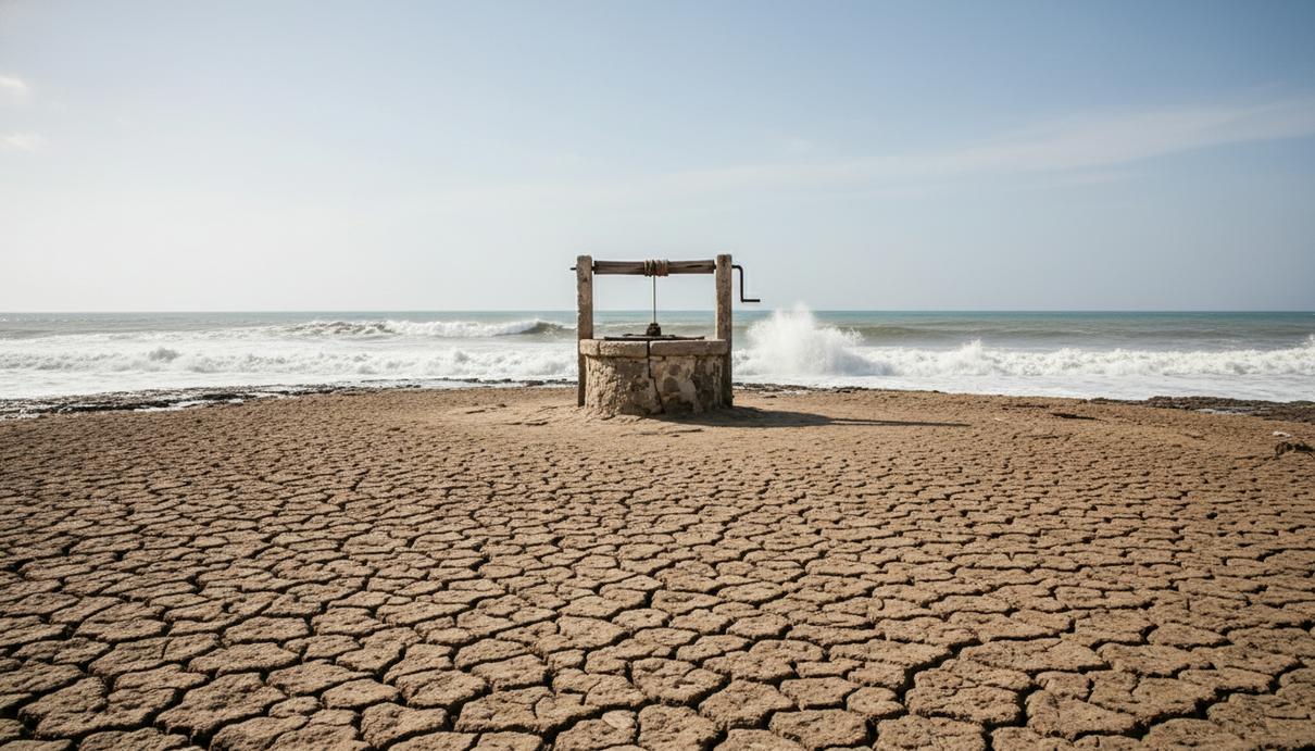 Истощение грунтовых вод: побережьям мира грозит дефицит пресной воды Растрескавшаяся сухая земля на морском побережье, старая заброшенная скважина и приближающиеся океанские волны.