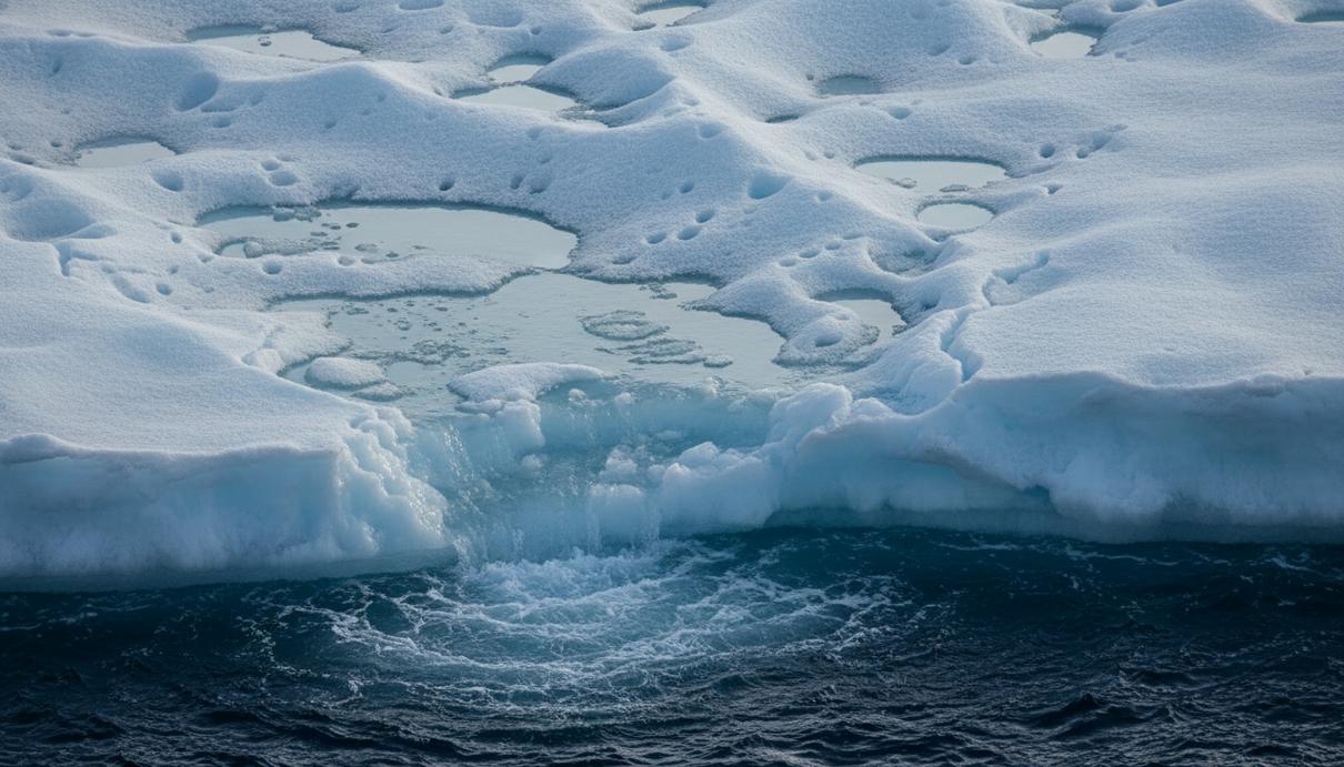 Поверхность зернистого морского льда с каналами и лужами талой воды на фоне темного полярного океана.