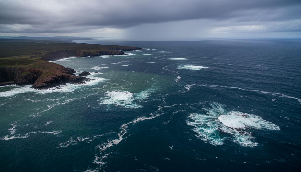Изменение климата: вихри ускоряют нагрев вод Агульясского течения Бурный синий океанический поток с круговыми вихрями и пеной у скалистого побережья под пасмурным небом.