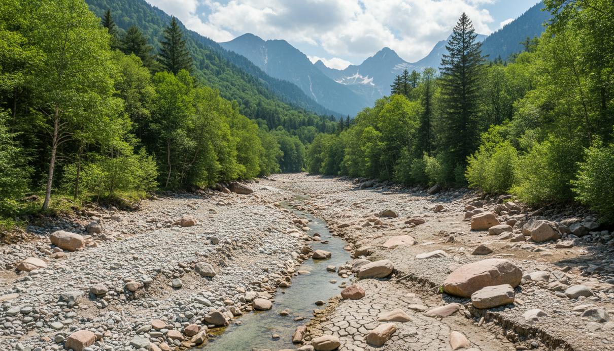 Полупустое русло горной реки в летнем лесу, обнаженные камни и сниженный уровень воды на фоне деревьев.