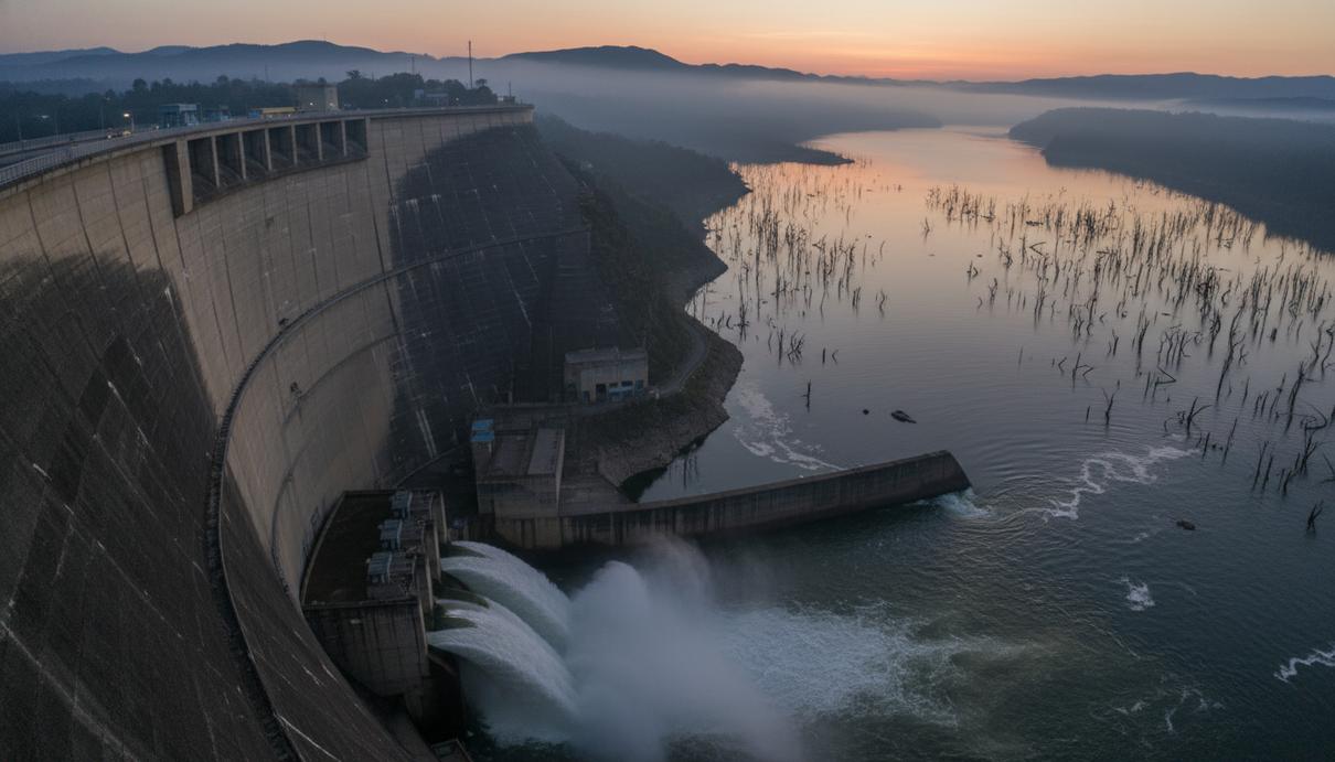 Бетонная плотина гидроэлектростанции и обширное водохранилище в сумерках. На поверхности воды видны пузырьки газа.