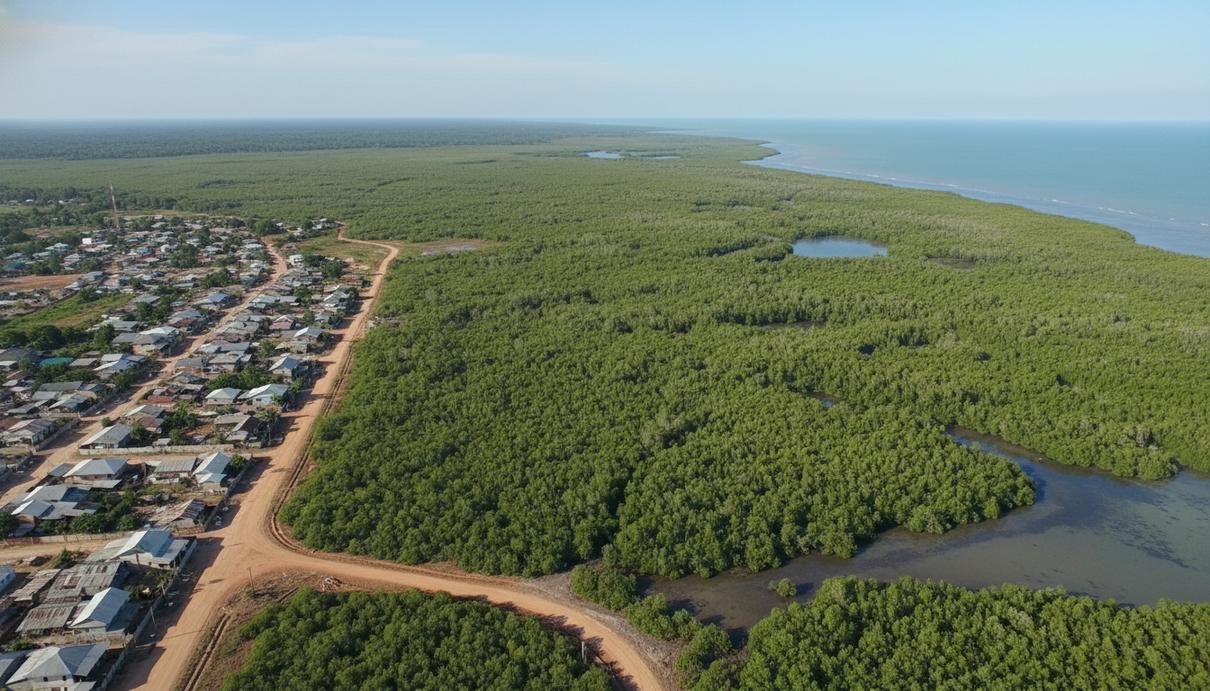 Густые мангровые леса на морском побережье, вплотную прилегающие к грунтовым дорогам и сельскохозяйственным полям.