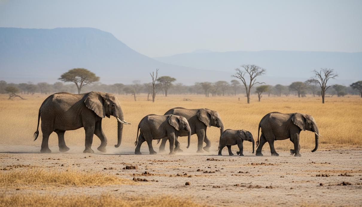 Небольшое стадо африканских слонов идет по сухой траве в бескрайней саванне на фоне редких деревьев и ясного неба.