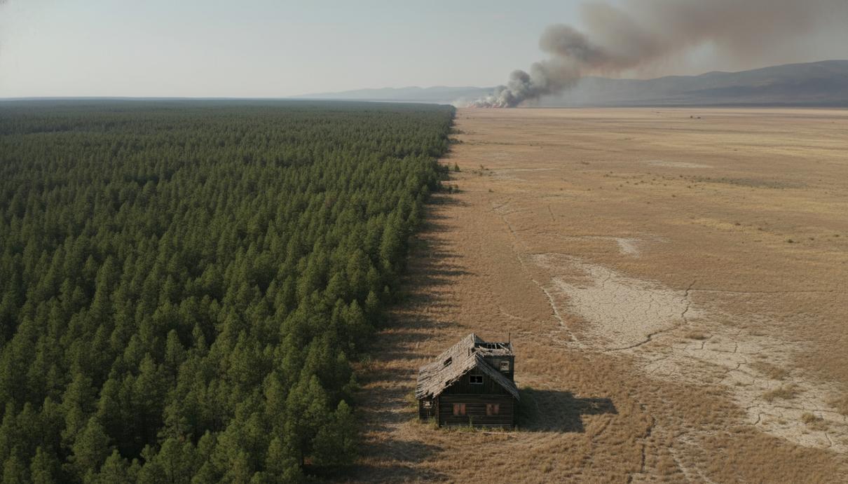 Пустое деревянное здание на опушке хвойного леса. Вдали над горизонтом поднимается дым от природного пожара.