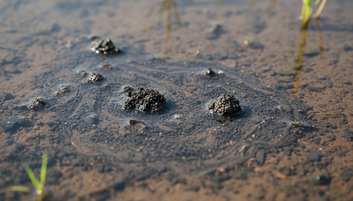 Крупный план темного биоугля, смешанного с влажной почвой на залитом водой рисовом поле.