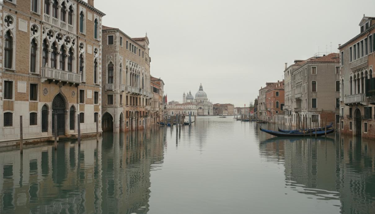 Затопленная площадь в Венеции с историческими зданиями, фасады которых отражаются в спокойной воде лагуны.