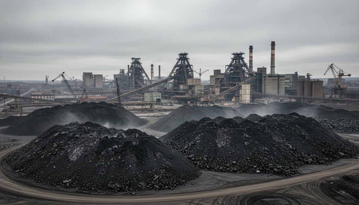 Огромные горы темного металлургического шлака на территории промышленного предприятия на фоне заводских построек.