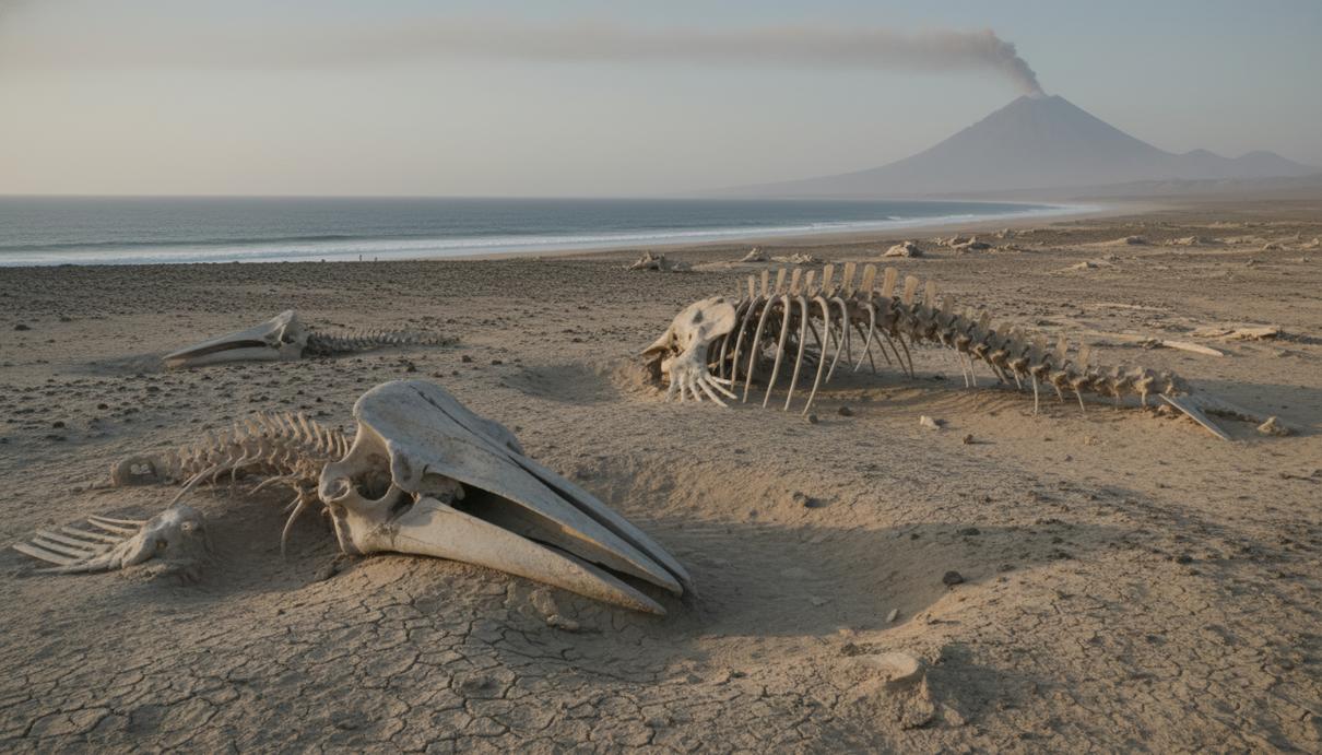 Окаменелые кости кита в песках пустыни на побережье океана на фоне гор и облака вулканического пепла.