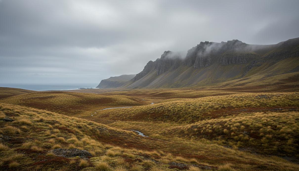 Суровая долина с торфяниками на субантарктическом острове, поросшие редкой травой холмы на фоне скал и темного океана.