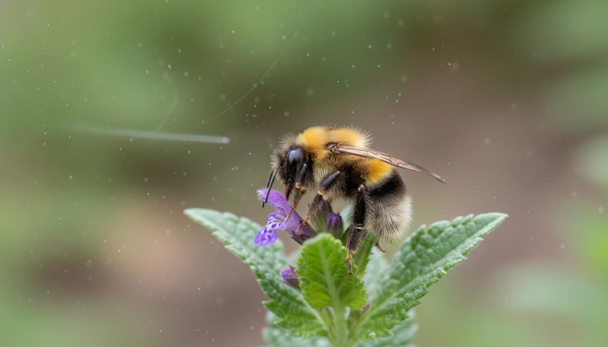Крупный план шмеля, сидящего на зеленом листе растения на фоне легкой дымки от распыленного репеллента.