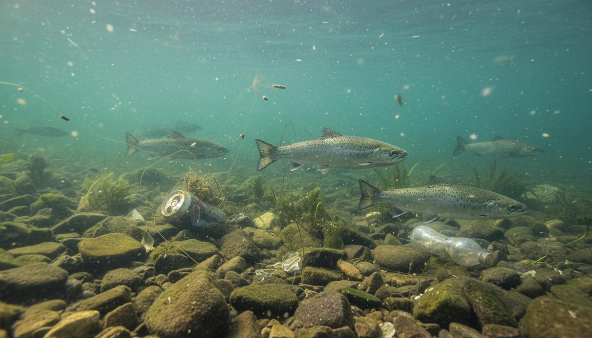 Молодые особи атлантического лосося плывут в толще воды среди камней и водорослей на дне пресноводного озера.
