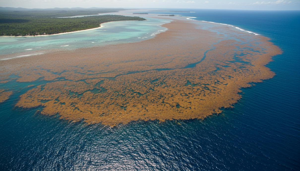 Масштабное скопление бурых саргассовых водорослей на поверхности синего океана у побережья при ярком дневном свете.