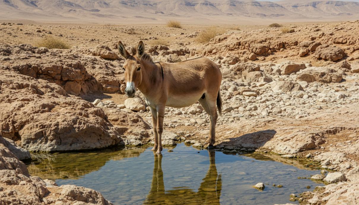 Азиатский дикий осел стоит у небольшого природного водопоя среди засушливого скалистого ландшафта пустыни.