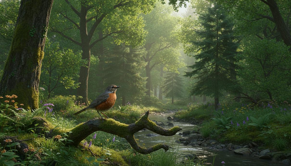 Солнечные лучи пробиваются сквозь густую зеленую листву деревьев в лесу, на мшистой ветке сидит маленькая птица.