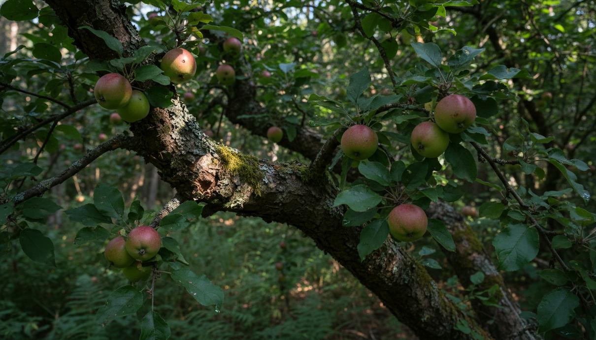 Ветвь дикой яблони с мелкими плодами на фоне густого зеленого леса в лучах пробивающегося сквозь листву солнца.