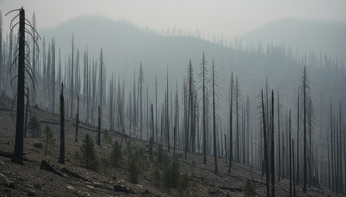 Обугленные стволы хвойных деревьев и серая от пепла земля на горном склоне с редкими зелеными ростками.