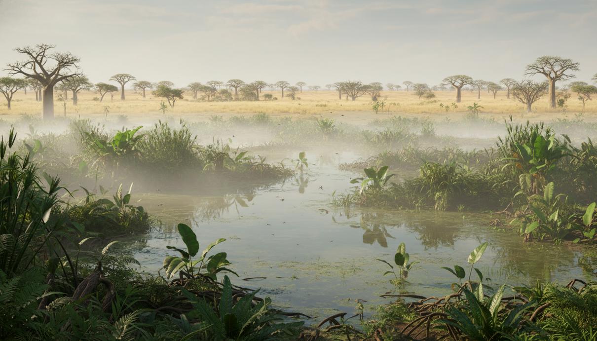 Густая растительность и туман над стоячей водой в заболоченной африканской саванне, в воздухе летит рой комаров.