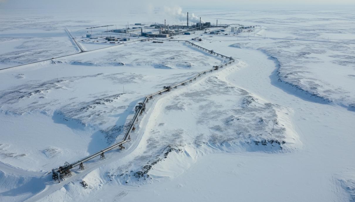 Вид сверху на нефтепровод, проходящий через заснеженную тундру в Арктике, вдали виднеются промышленные сооружения.