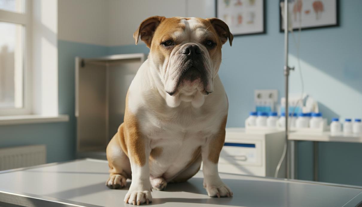 Крупный план английского бульдога, сидящего в светлом кабинете ветеринарной клиники на фоне медицинского оборудования.