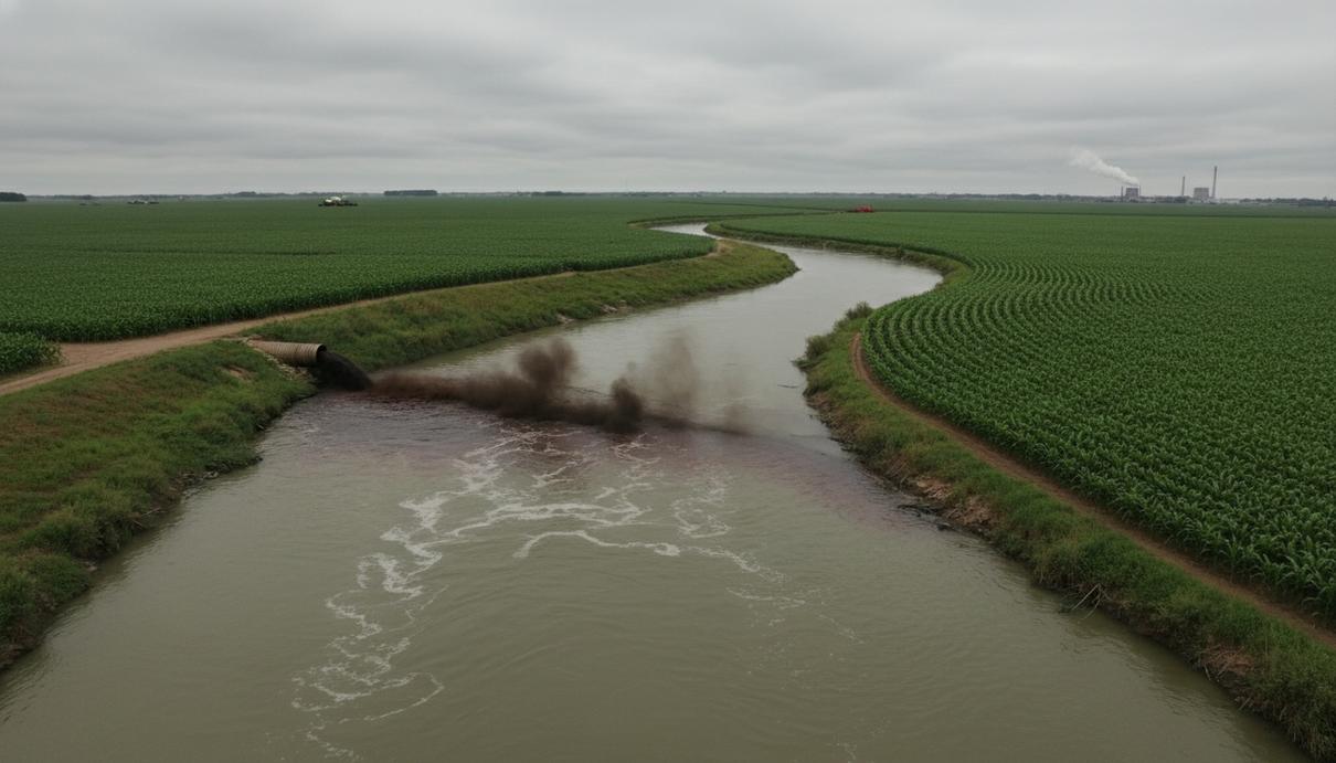 Мутные сельскохозяйственные стоки стекают в реку на фоне зеленых фермерских полей под пасмурным небом.