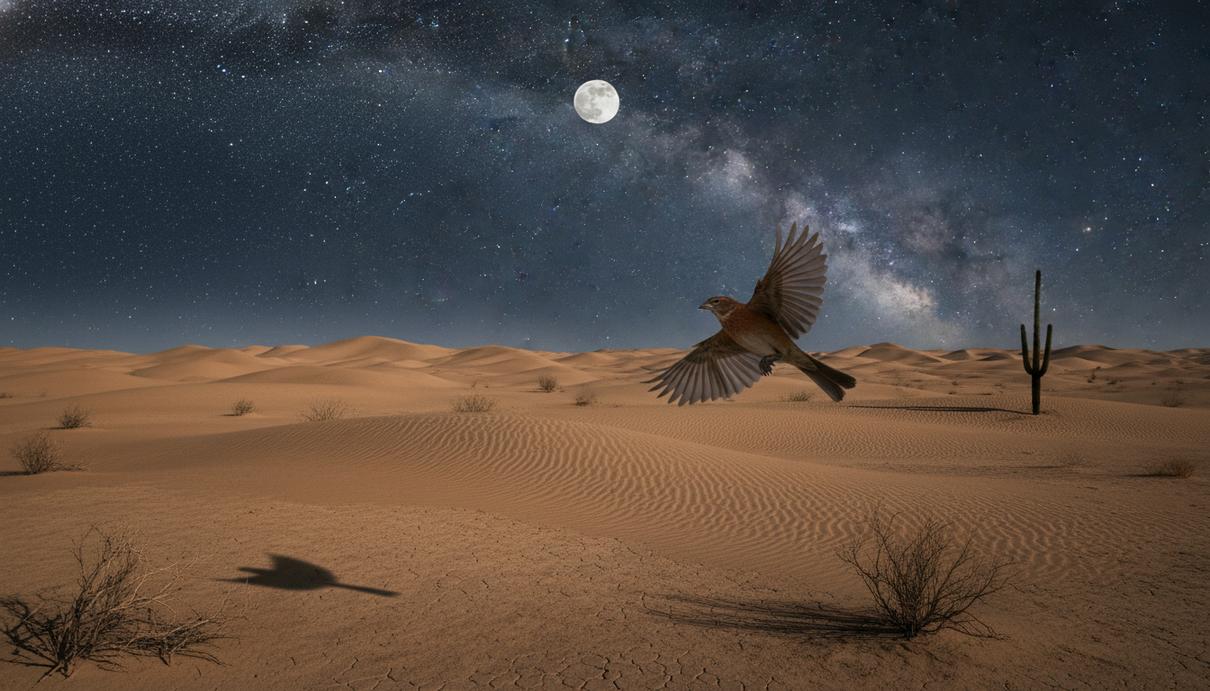 Маленькая коричневая птица летит над песчаными дюнами пустыни на фоне ночного звездного неба.