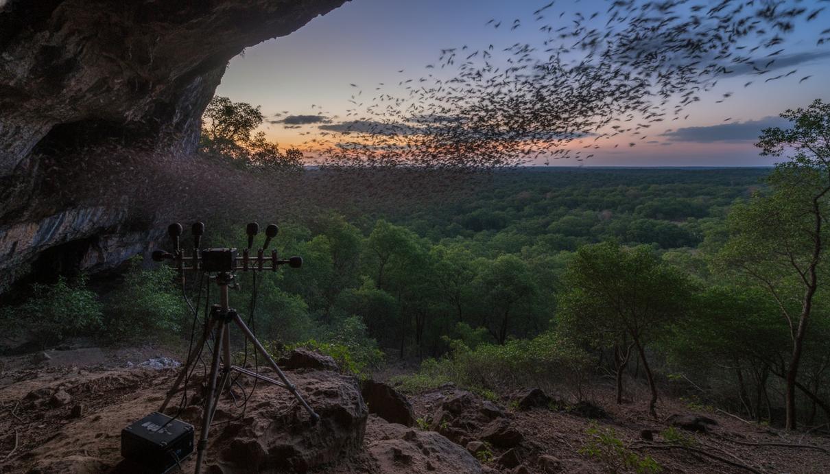 Летучие мыши вылетают из пещеры в сумерках на фоне леса и оборудования для акустического мониторинга.