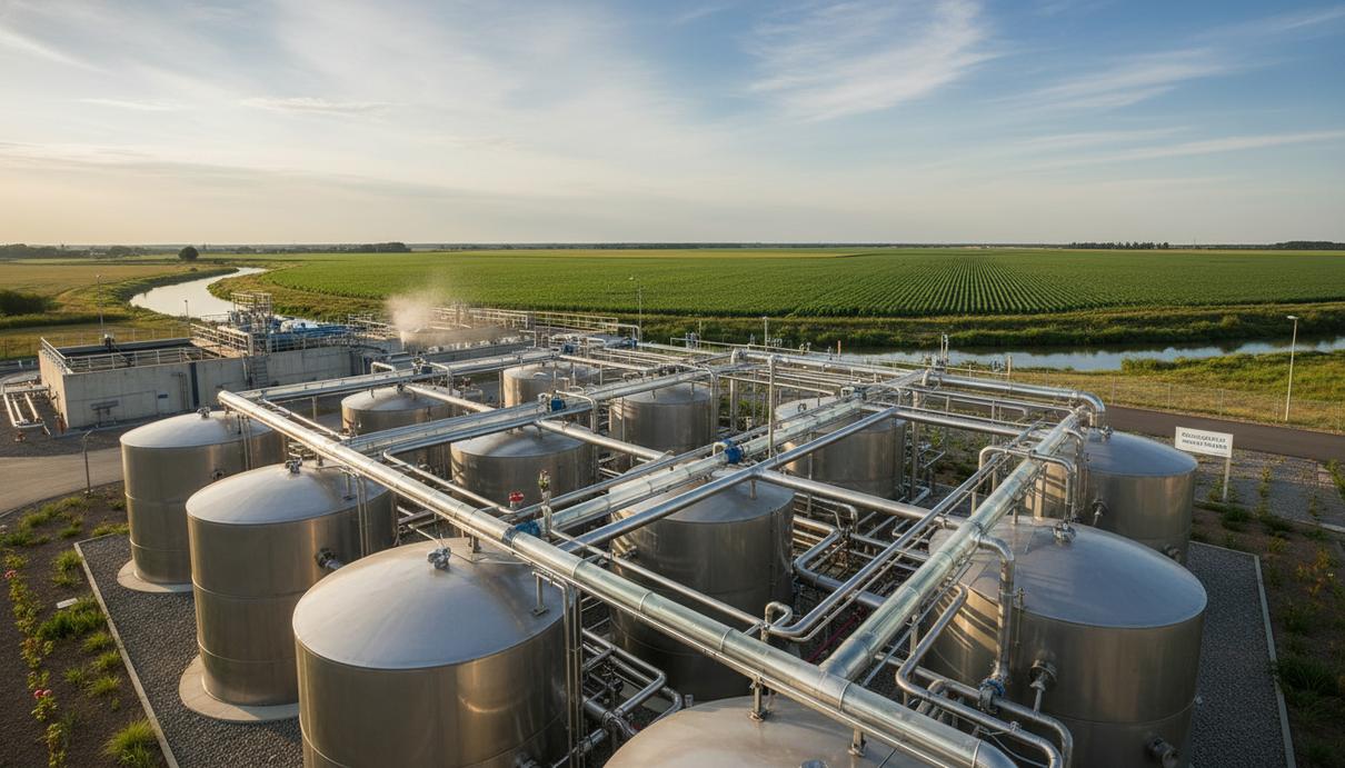 Резервуары и трубы современной станции очистки сточных вод на фоне зеленых сельскохозяйственных полей.